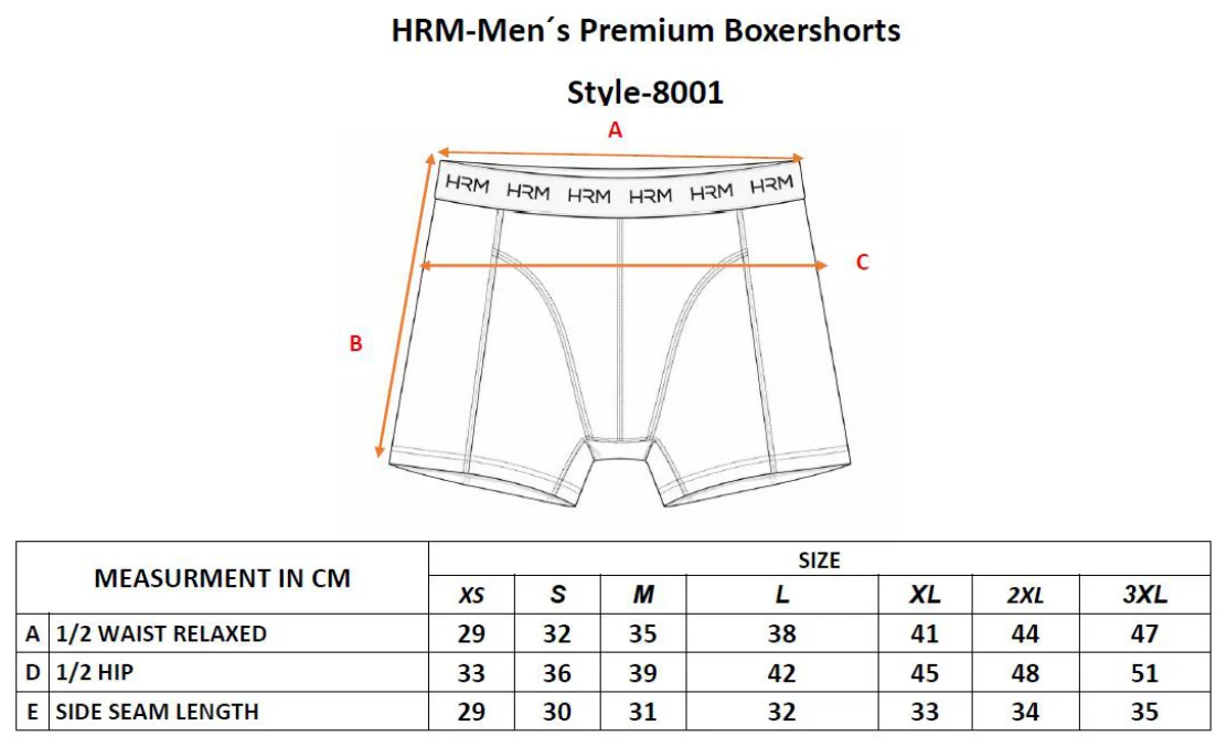 Maßblatt des Herstellers zu Men´s Premium Boxershorts- Pack of 5 mit den Maßen je Größe
