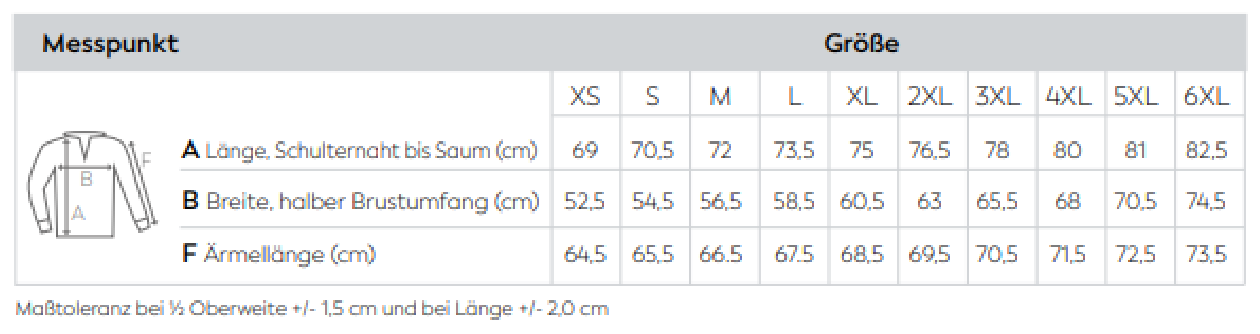 Maßblatt des Herstellers zu Unisex Sweat Hoody mit den Maßen je Größe