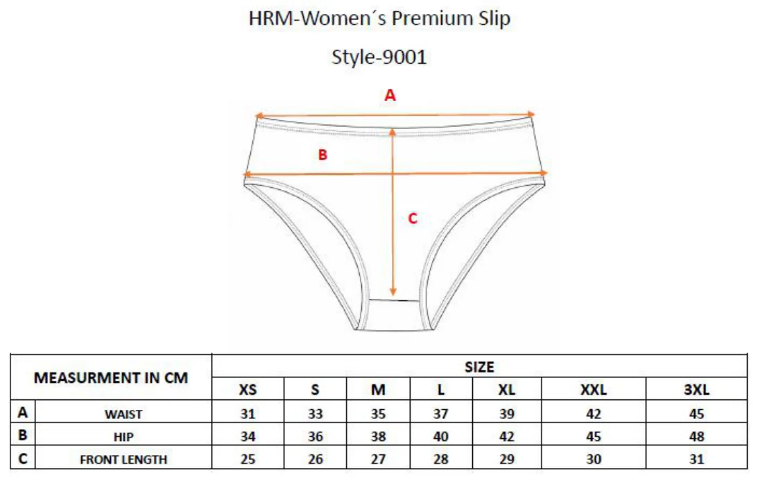 Maßblatt des Herstellers zu Women´s Premium Slip-Pack of 6 mit den Maßen je Größe