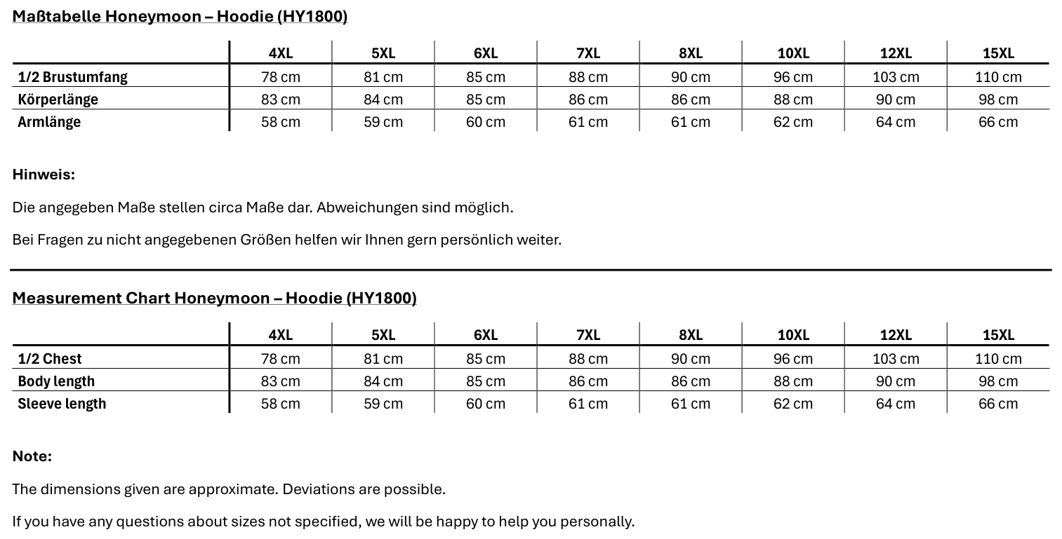 Maßblatt des Herstellers zu Hoodie mit den Maßen je Größe