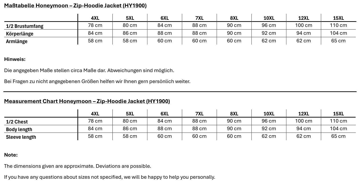 Maßblatt des Herstellers zu Zip-Hoodie Jacket mit den Maßen je Größe