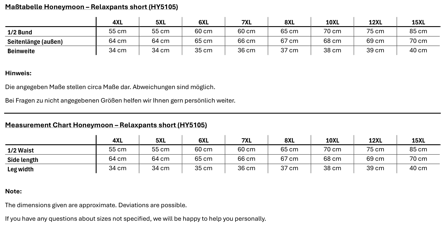 Maßblatt des Herstellers zu Relaxpants short mit den Maßen je Größe