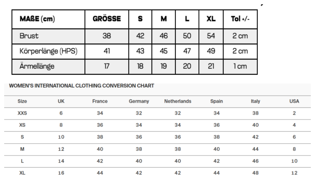 Maßblatt des Herstellers zu Women´s Tri-Blend Cropped T mit den Maßen je Größe