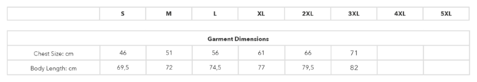 Maßblatt des Herstellers zu Essential Cotton-T mit den Maßen je Größe