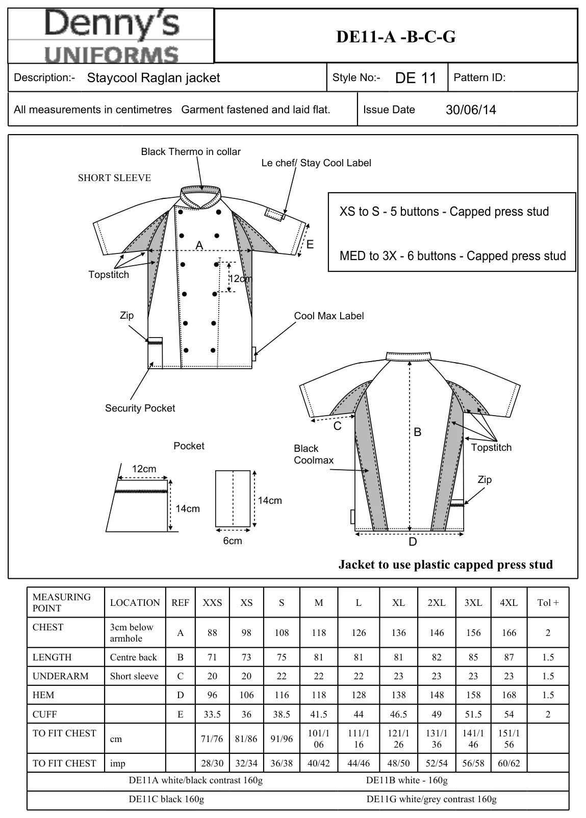 Maßblatt des Herstellers zu Jacket Staycool Raglan Sleeve mit den Maßen je Größe