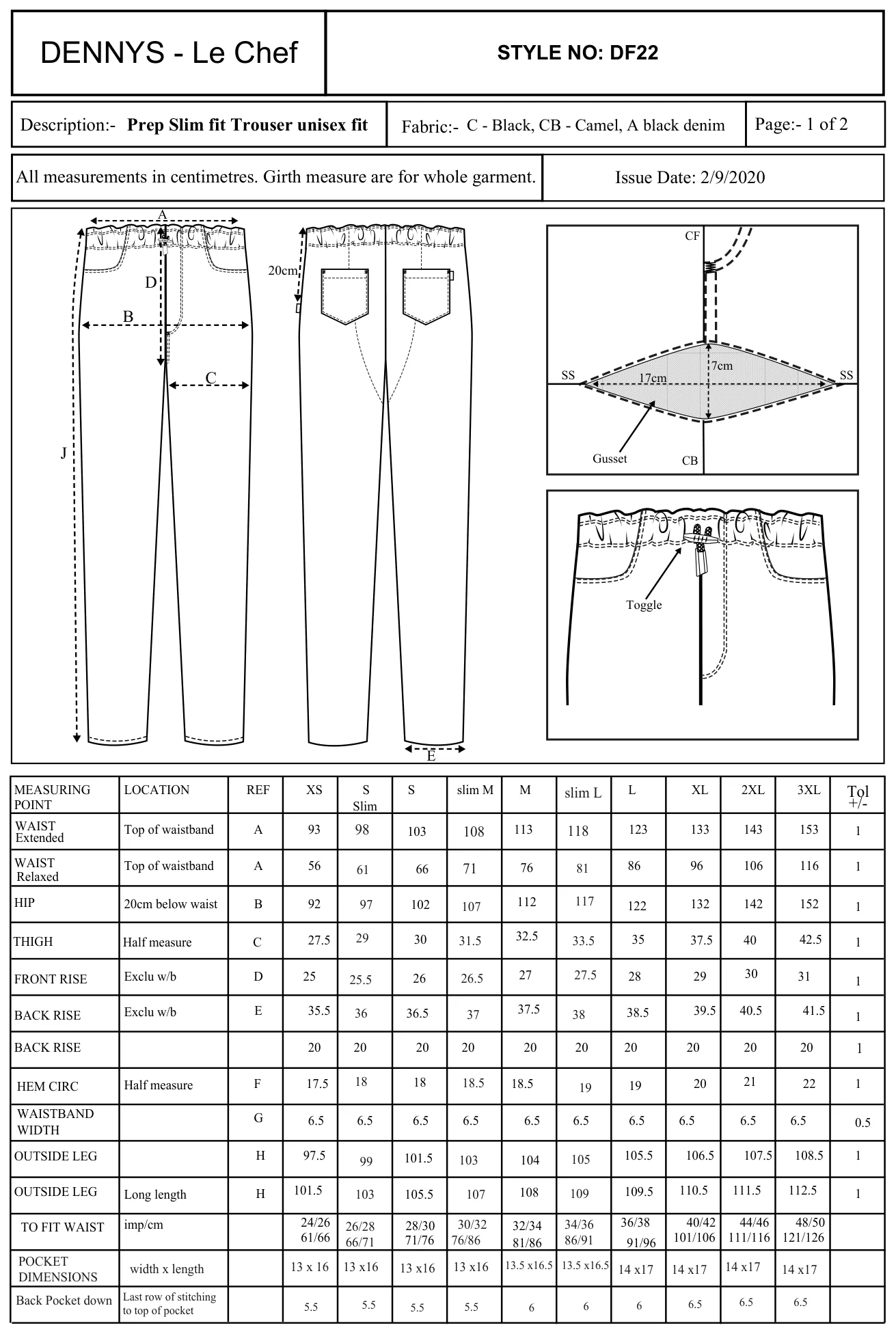 Maßblatt des Herstellers zu Prep Trouser mit den Maßen je Größe