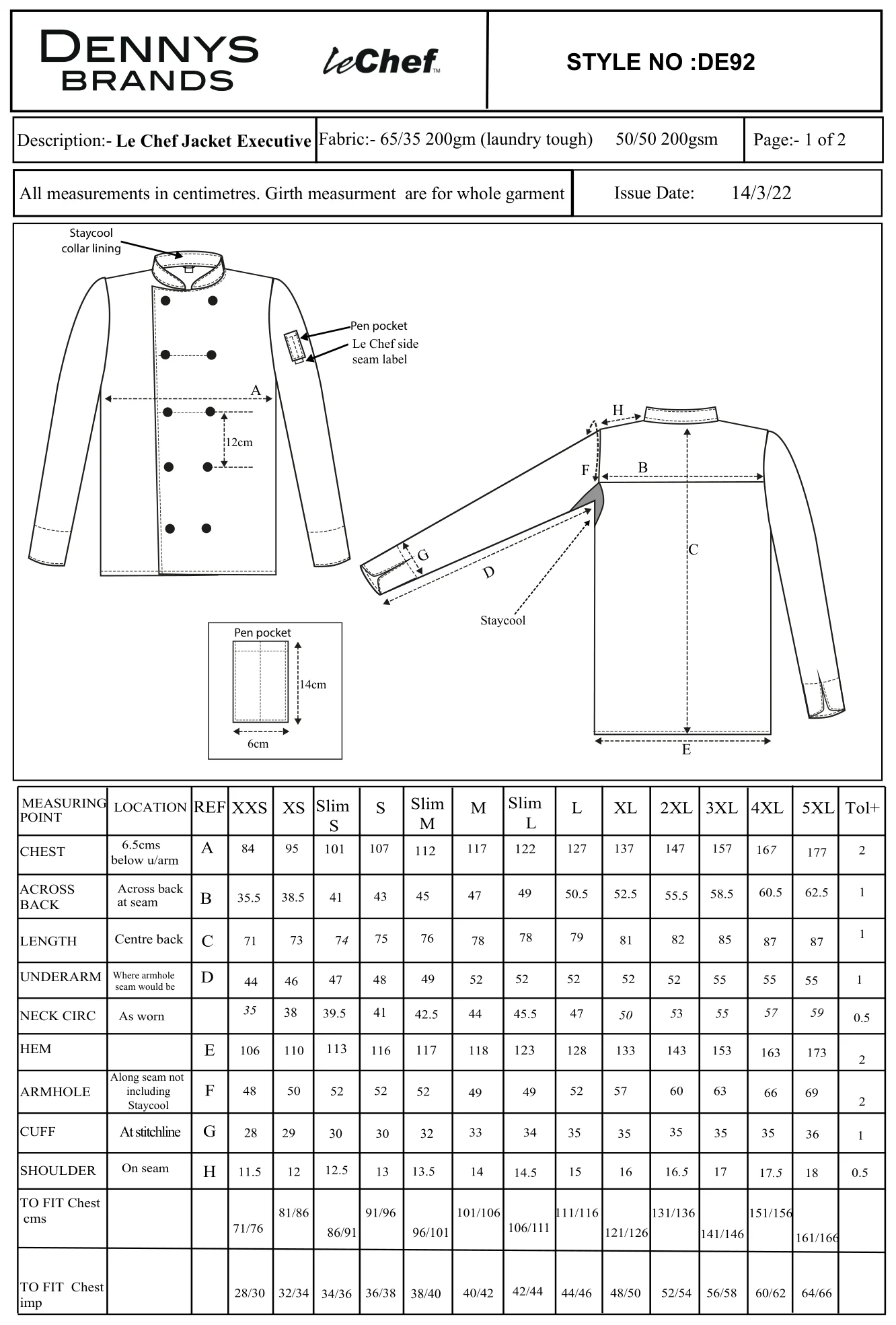 Maßblatt des Herstellers zu Executive Jacket mit den Maßen je Größe