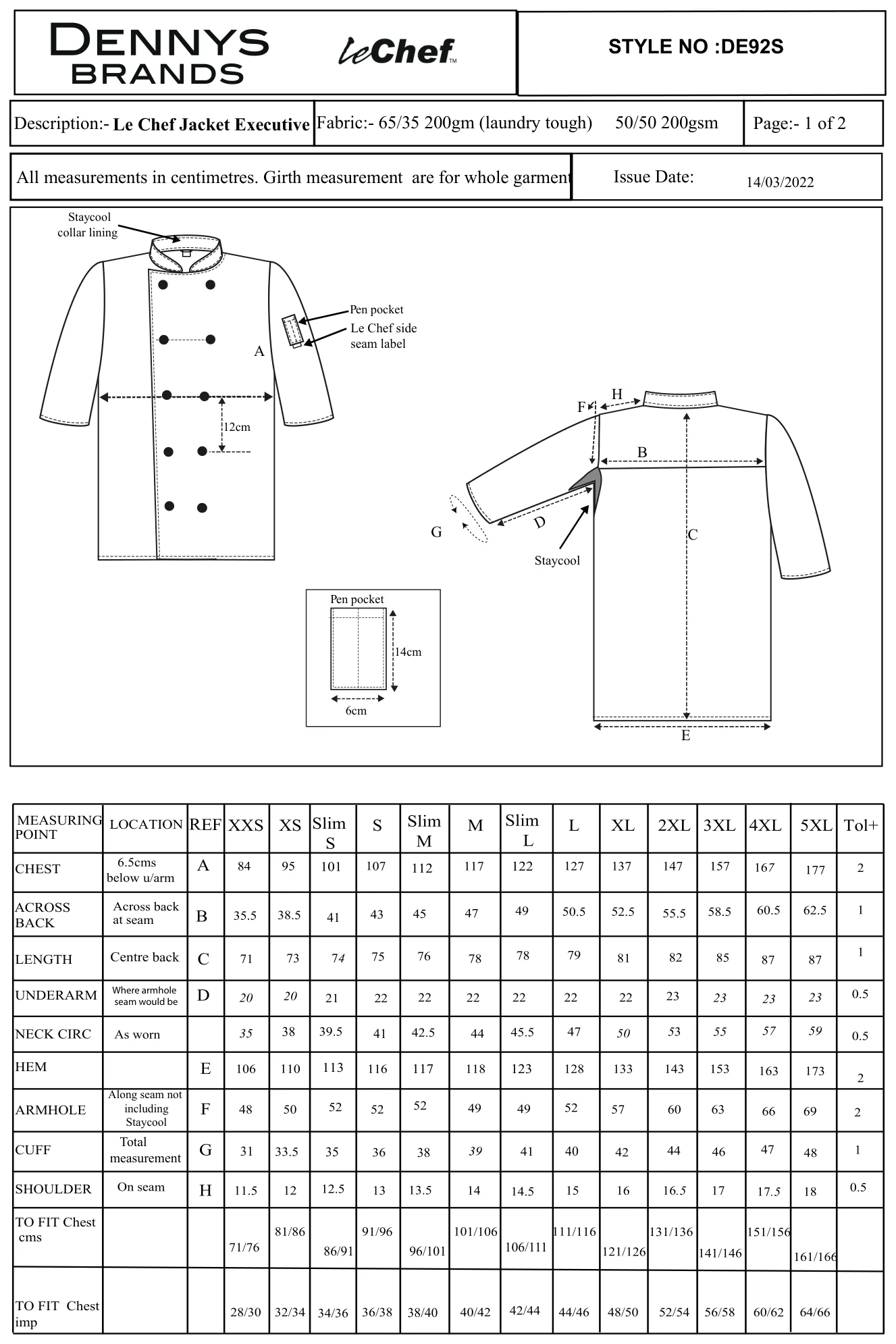 Maßblatt des Herstellers zu Executive Jacket Short Sleeve mit den Maßen je Größe