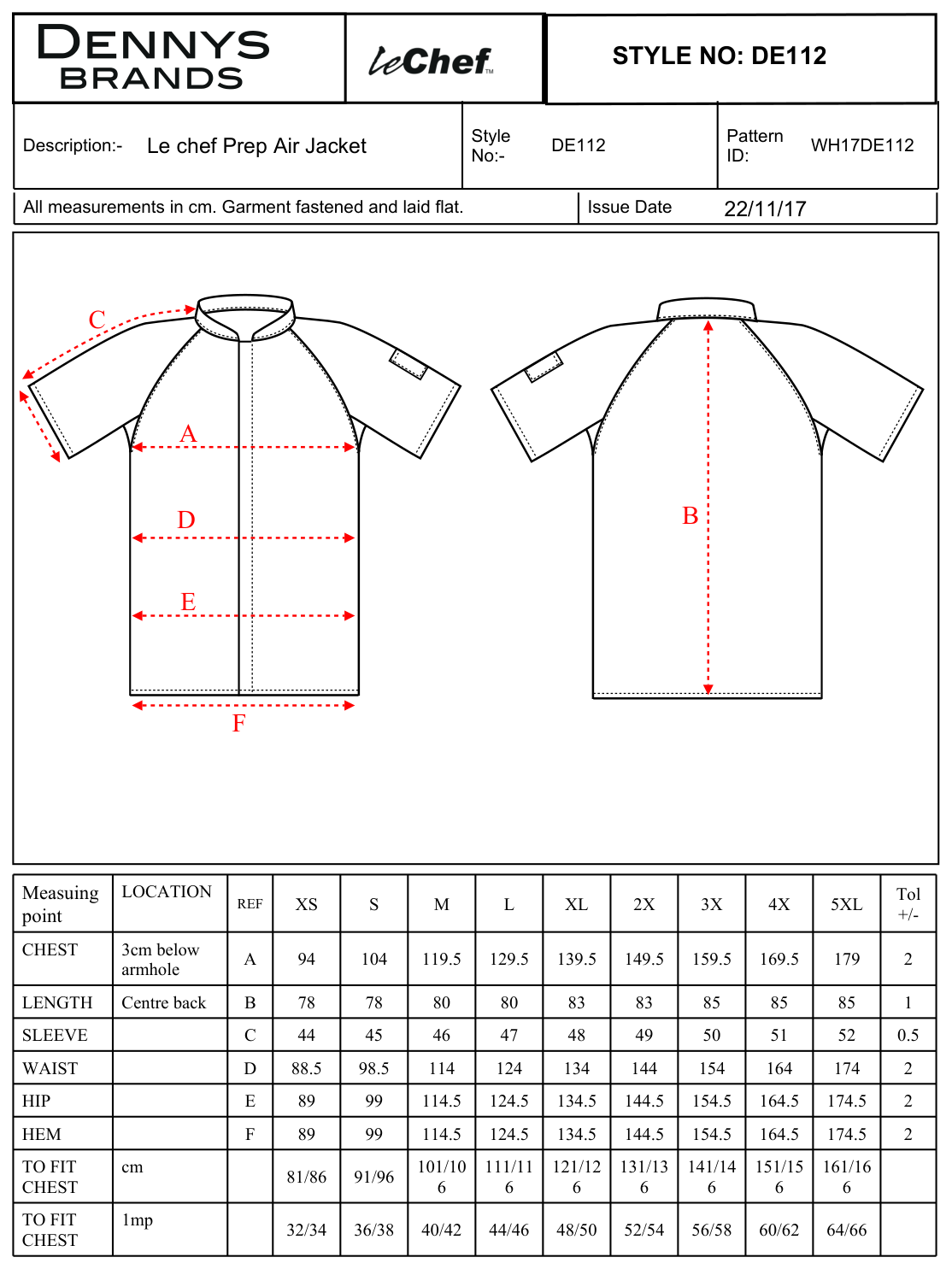Maßblatt des Herstellers zu Unisex Air Jacket mit den Maßen je Größe