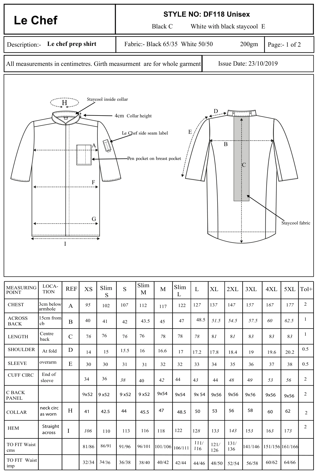 Maßblatt des Herstellers zu Jacket Short Sleeve mit den Maßen je Größe