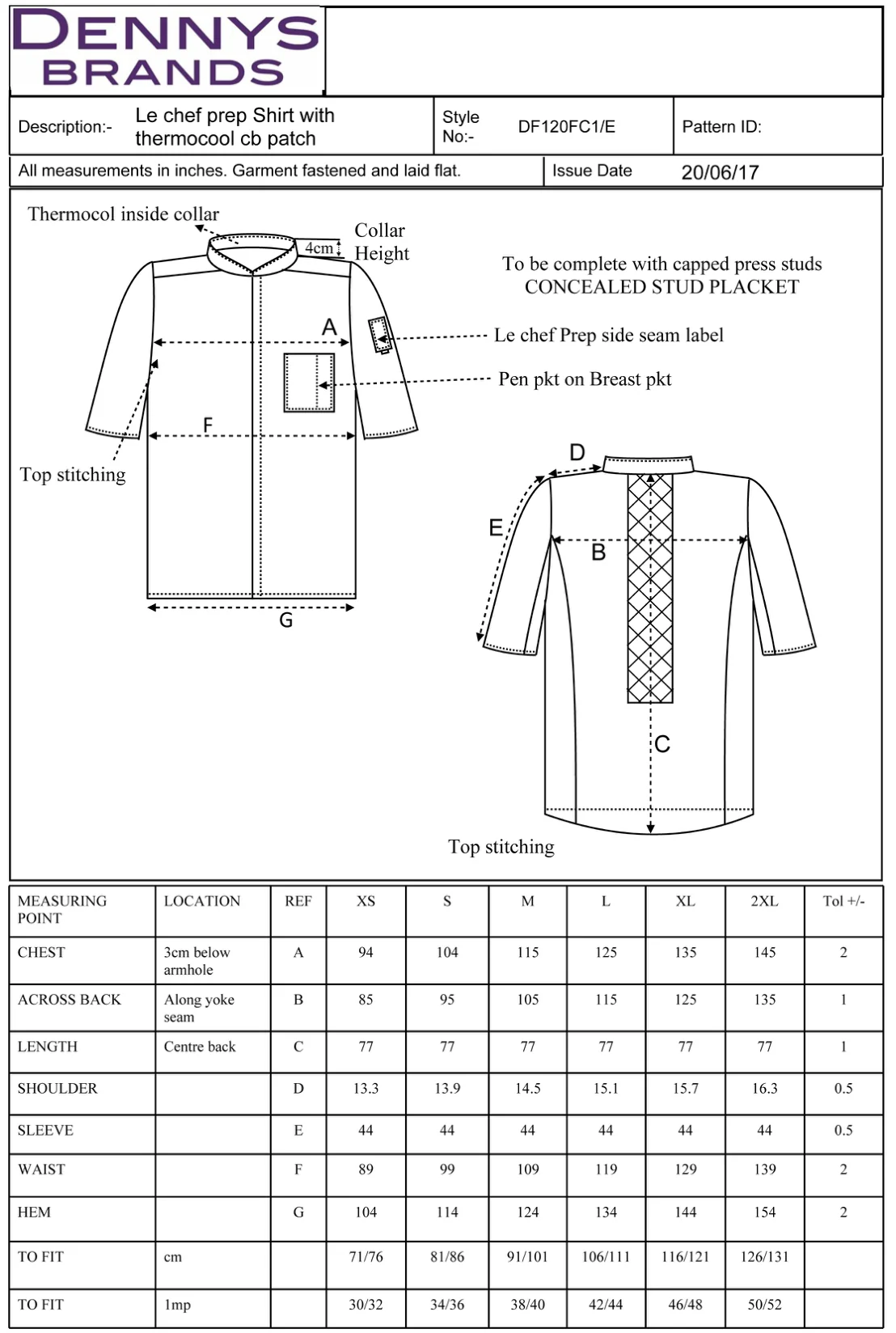 Maßblatt des Herstellers zu Ladies´ Prep Shirt mit den Maßen je Größe