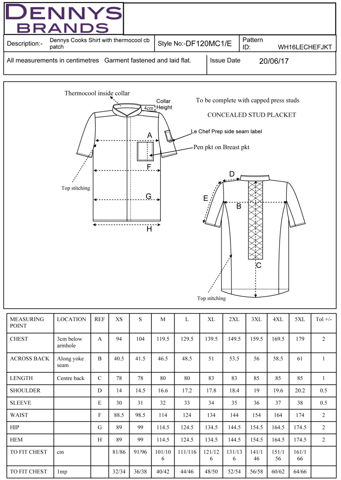 Maßblatt des Herstellers zu Men´s Prep Shirt mit den Maßen je Größe