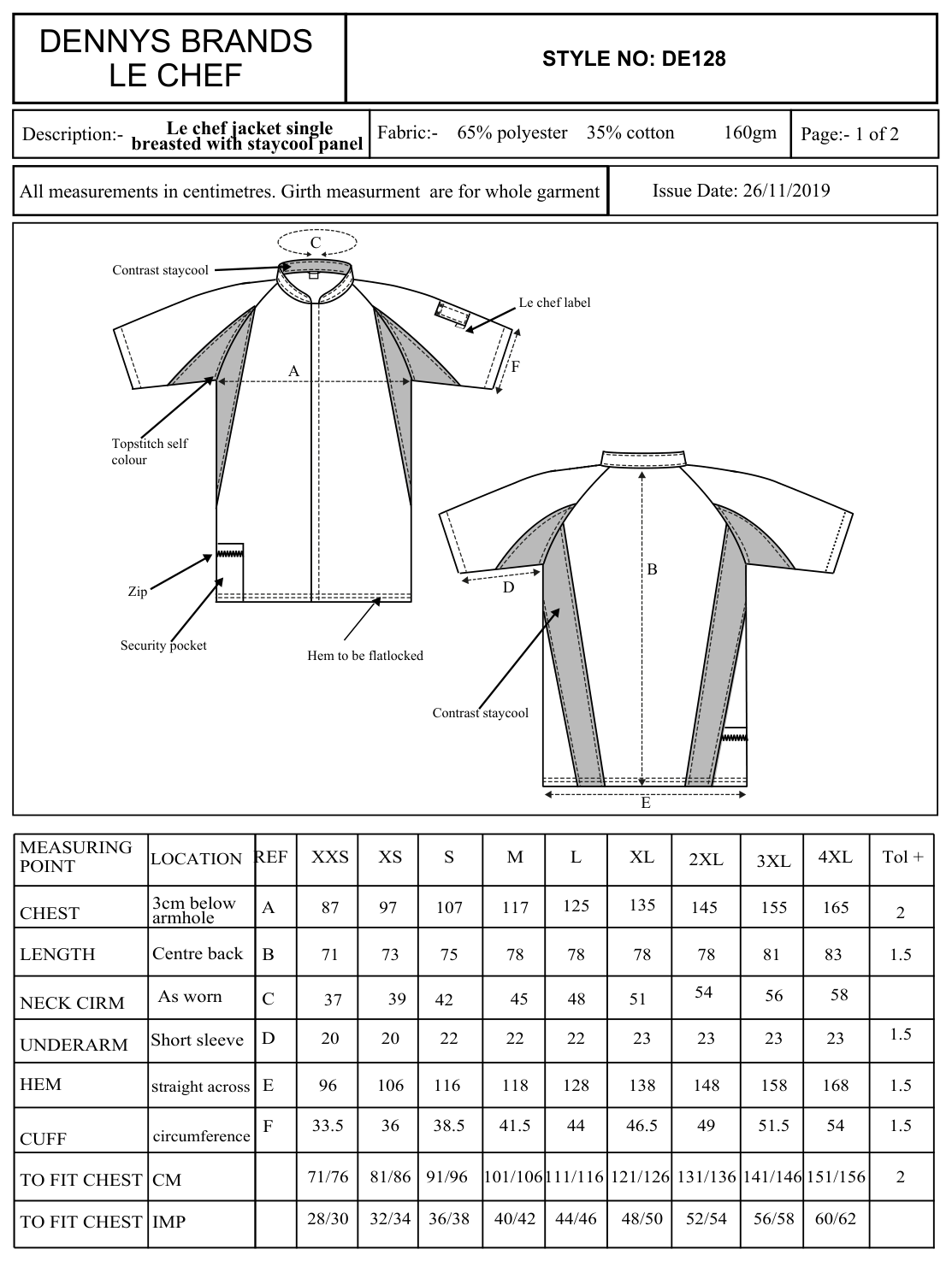 Maßblatt des Herstellers zu Single Breasted Jacket mit den Maßen je Größe