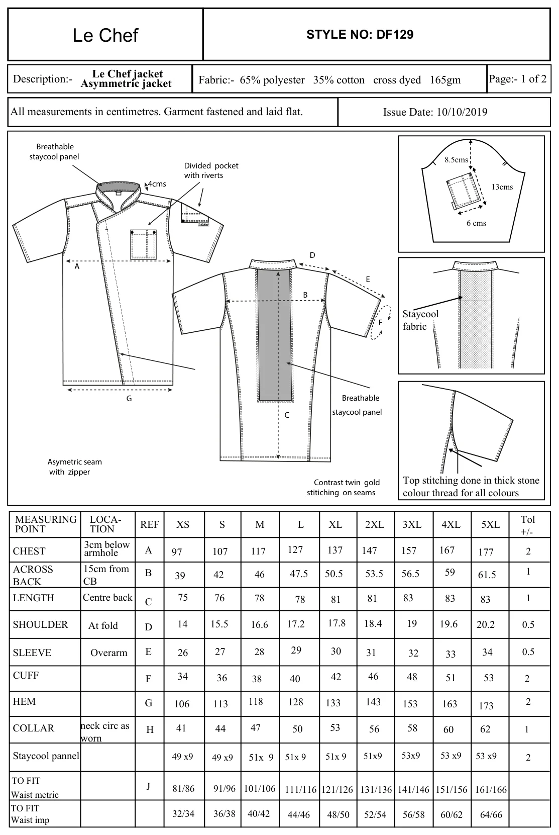 Maßblatt des Herstellers zu Unisex Asymmetric Jacket mit den Maßen je Größe