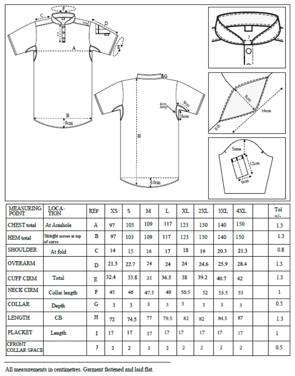 Maßblatt des Herstellers zu Pique Chef Shirt mit den Maßen je Größe
