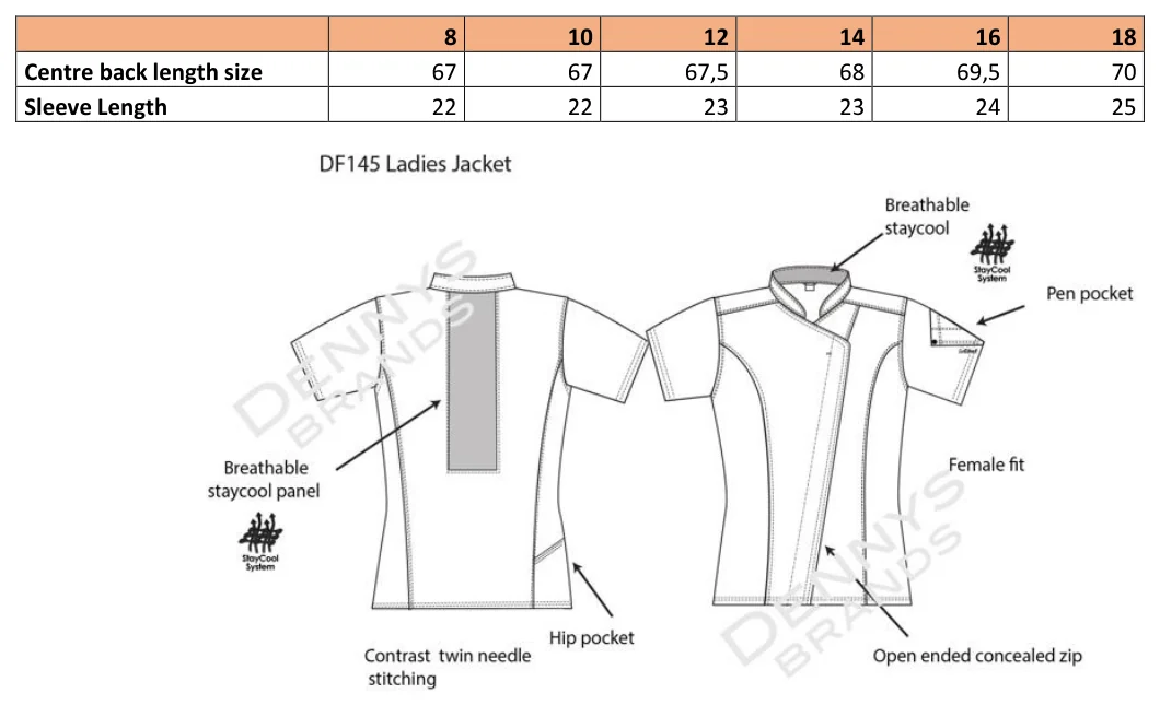 Maßblatt des Herstellers zu Ladies Asymmetric Jacket mit den Maßen je Größe