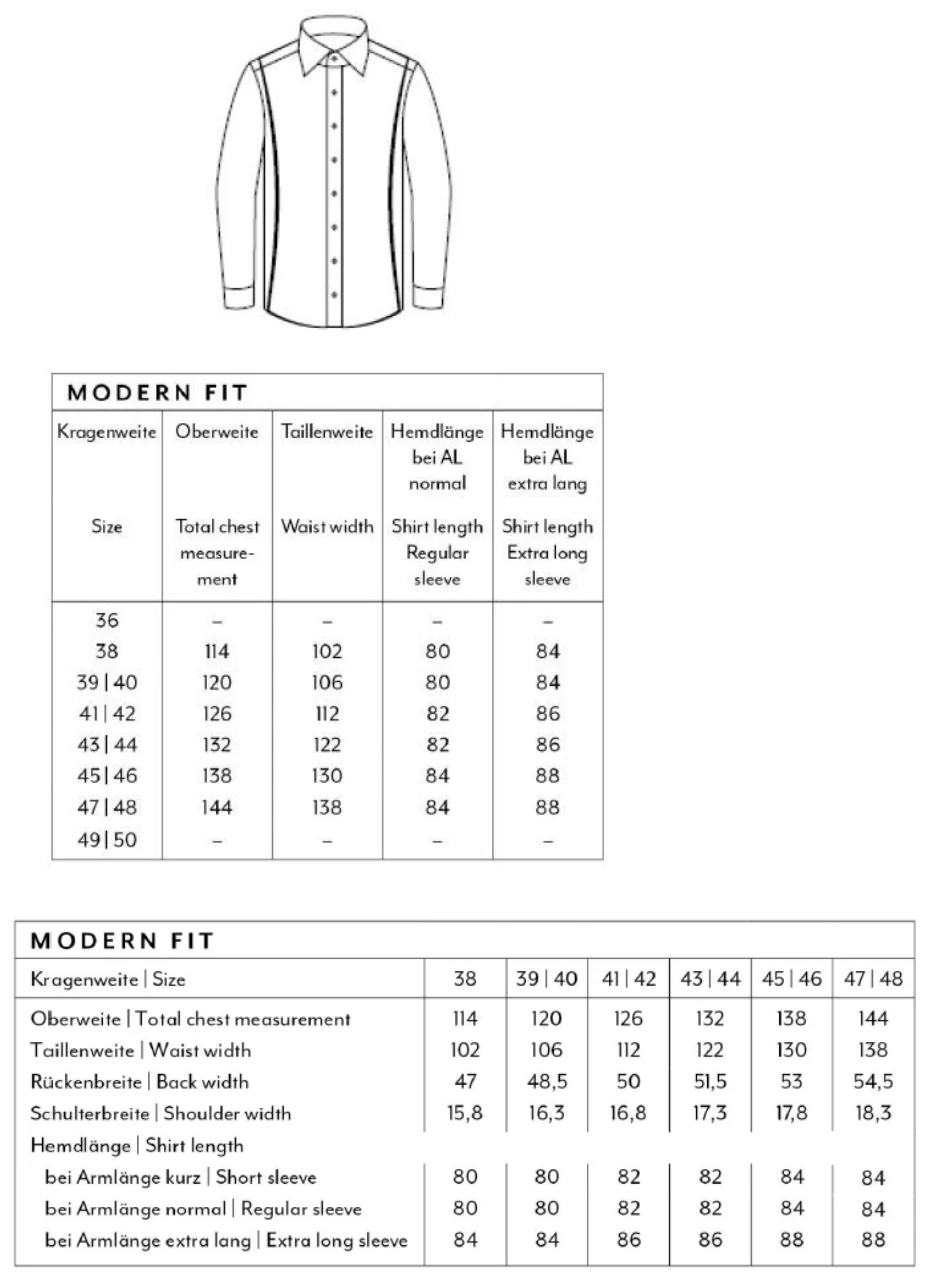 Maßblatt des Herstellers zu Men´s Shirt Modern Fit Short Sleeve mit den Maßen je Größe