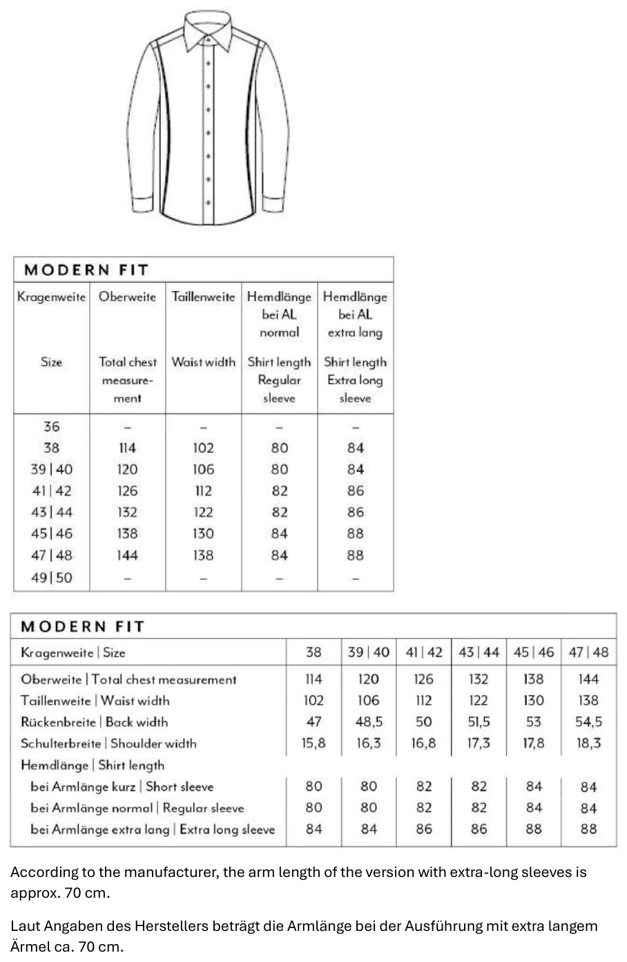 Maßblatt des Herstellers zu Men´s Shirt Modern Fit Extra Long Sleeve mit den Maßen je Größe
