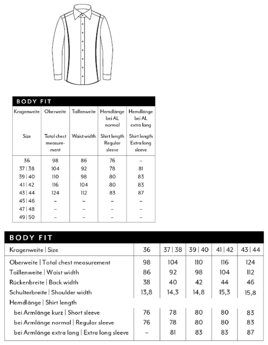 Maßblatt des Herstellers zu Men´s Shirt Body Fit Long Sleeve mit den Maßen je Größe