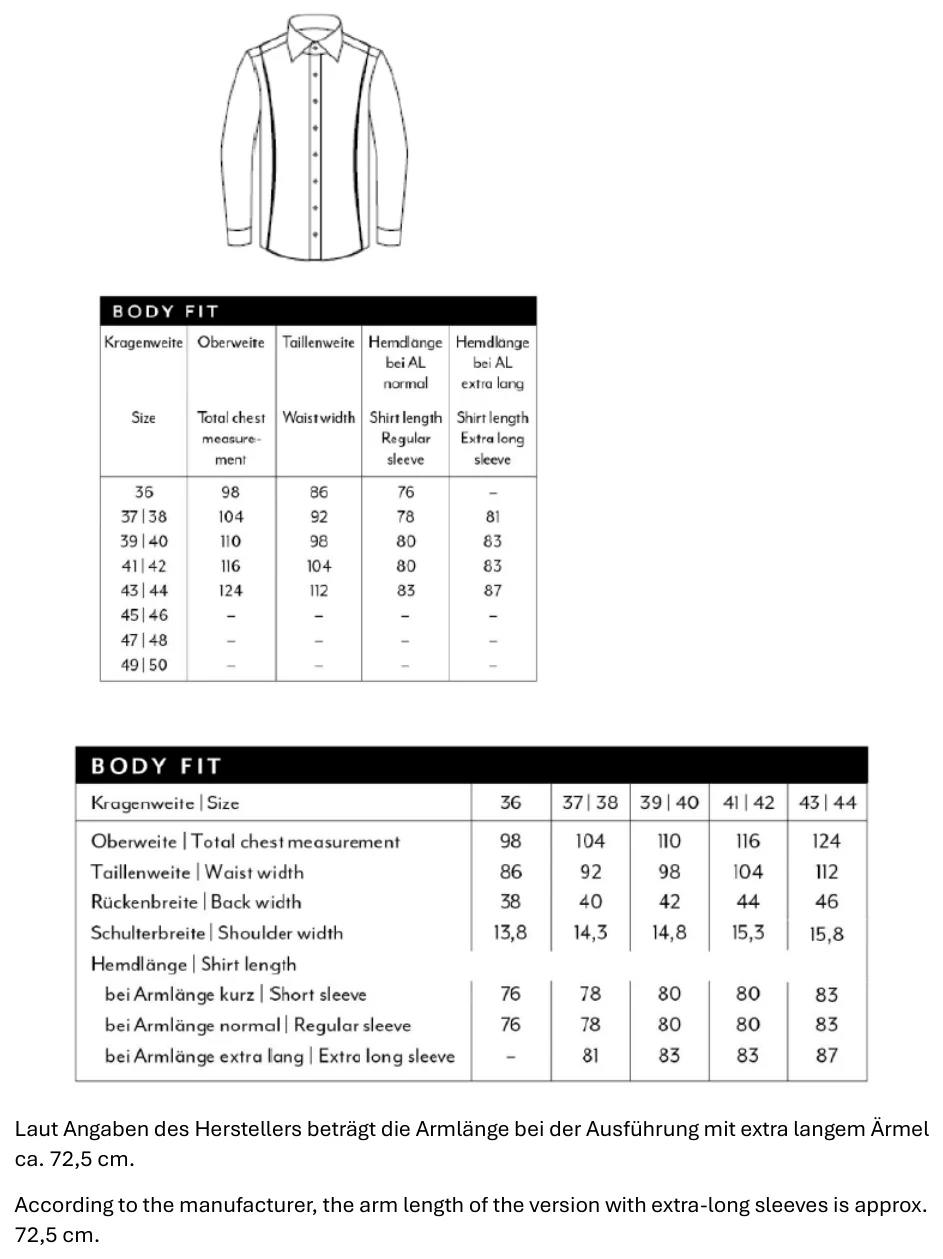 Maßblatt des Herstellers zu Men´s Shirt Body Fit Extra Long Sleeve mit den Maßen je Größe