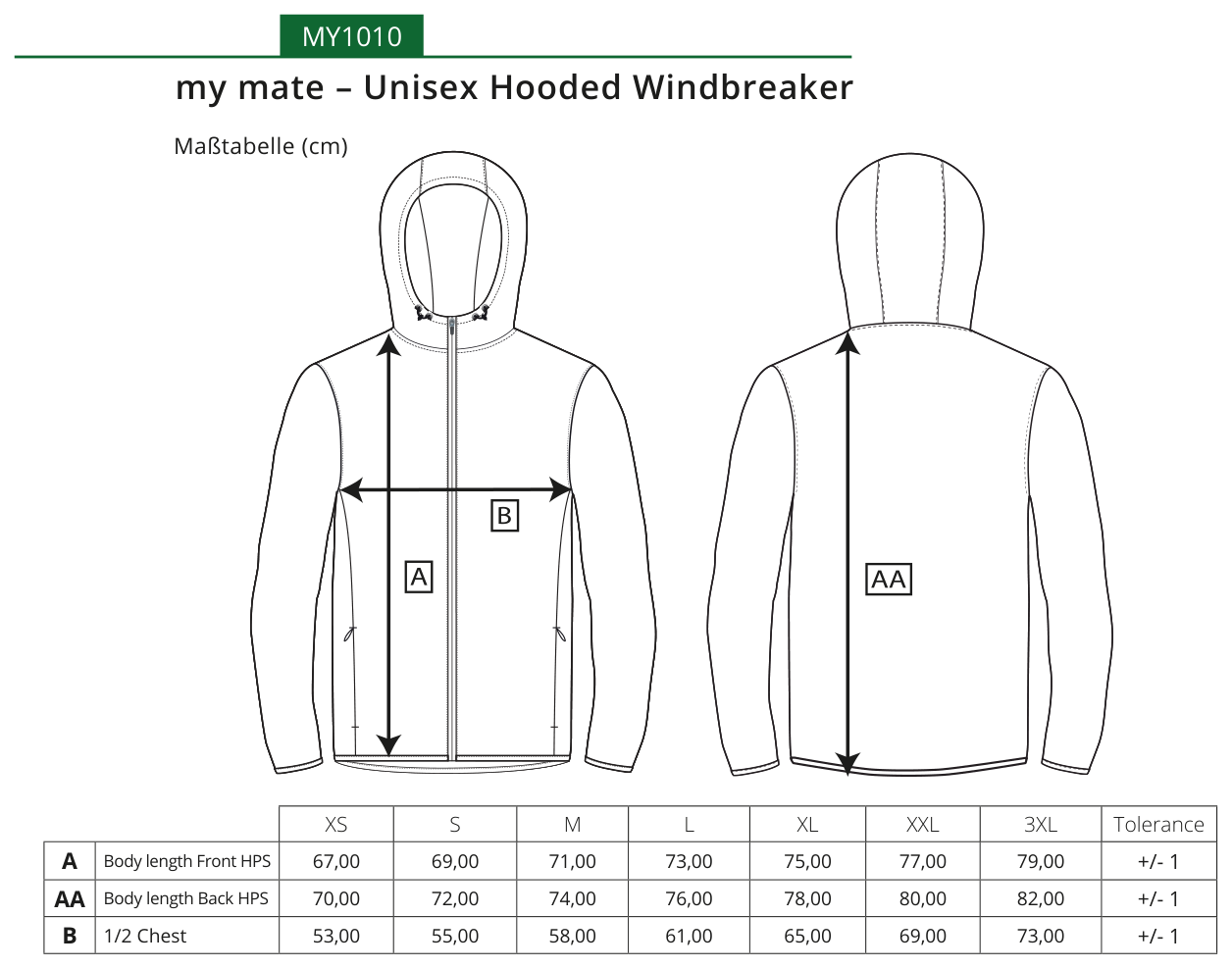Maßblatt des Herstellers zu my mate - Unisex Hooded Windbreaker mit den Maßen je Größe