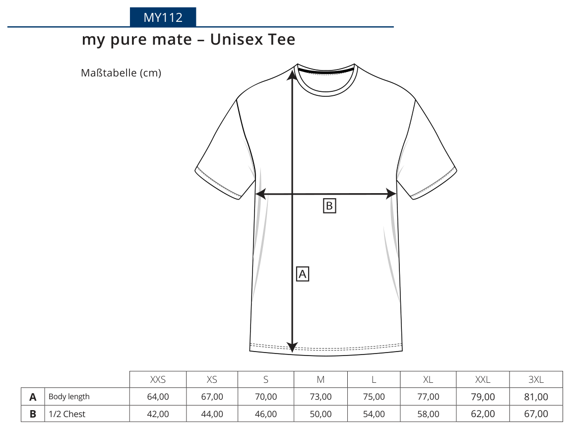 Maßblatt des Herstellers zu my pure mate - Unisex Tee mit den Maßen je Größe