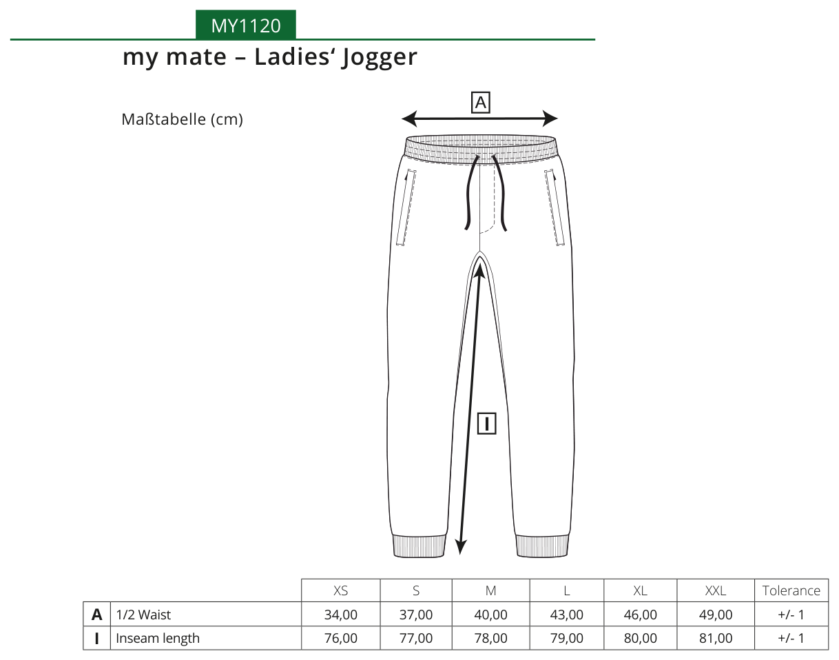Maßblatt des Herstellers zu my mate - Ladies´ Jogger mit den Maßen je Größe