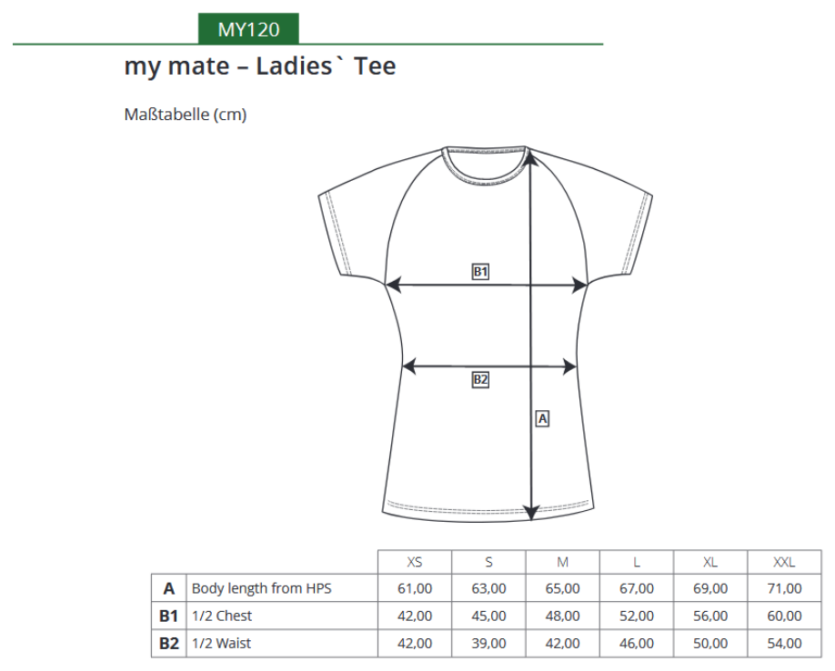 Maßblatt des Herstellers zu my mate - Ladies´ Tee mit den Maßen je Größe