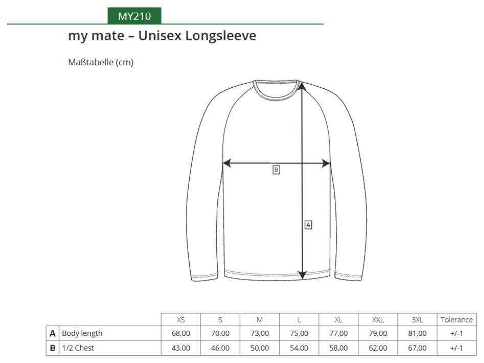 Maßblatt des Herstellers zu my mate - Unisex Long Sleeve mit den Maßen je Größe
