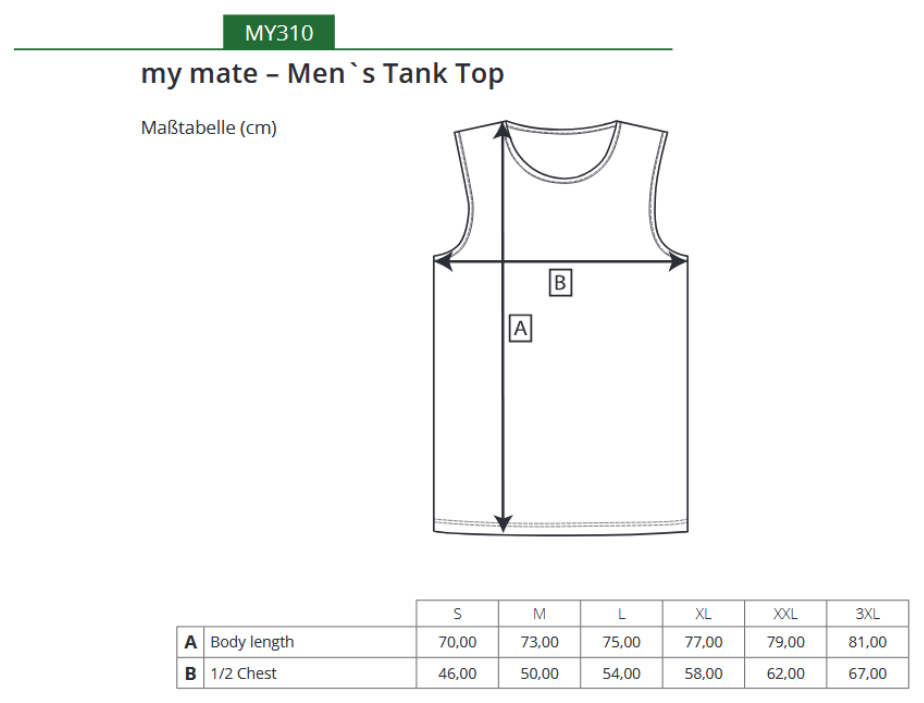 Maßblatt des Herstellers zu my mate - Men´s Tank Top mit den Maßen je Größe