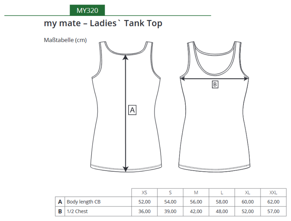 Maßblatt des Herstellers zu my mate - Ladies´ Tank Top mit den Maßen je Größe