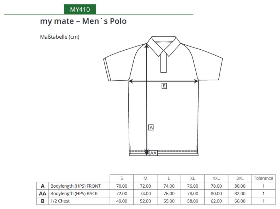 Maßblatt des Herstellers zu my mate - Men´s Polo mit den Maßen je Größe