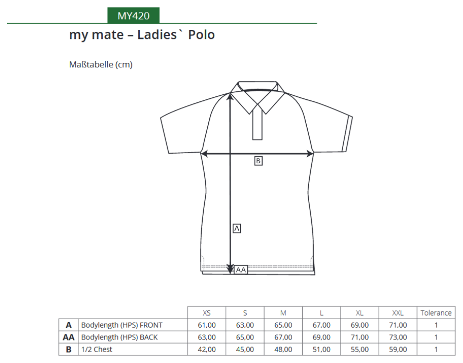 Maßblatt des Herstellers zu my mate - Ladies Polo mit den Maßen je Größe