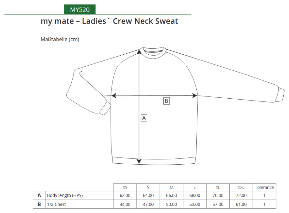 Maßblatt des Herstellers zu my mate - Ladies´ Crew Neck Sweat mit den Maßen je Größe