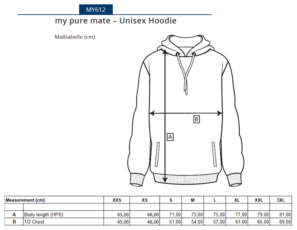 Maßblatt des Herstellers zu my pure mate - Unisex Hoody mit den Maßen je Größe