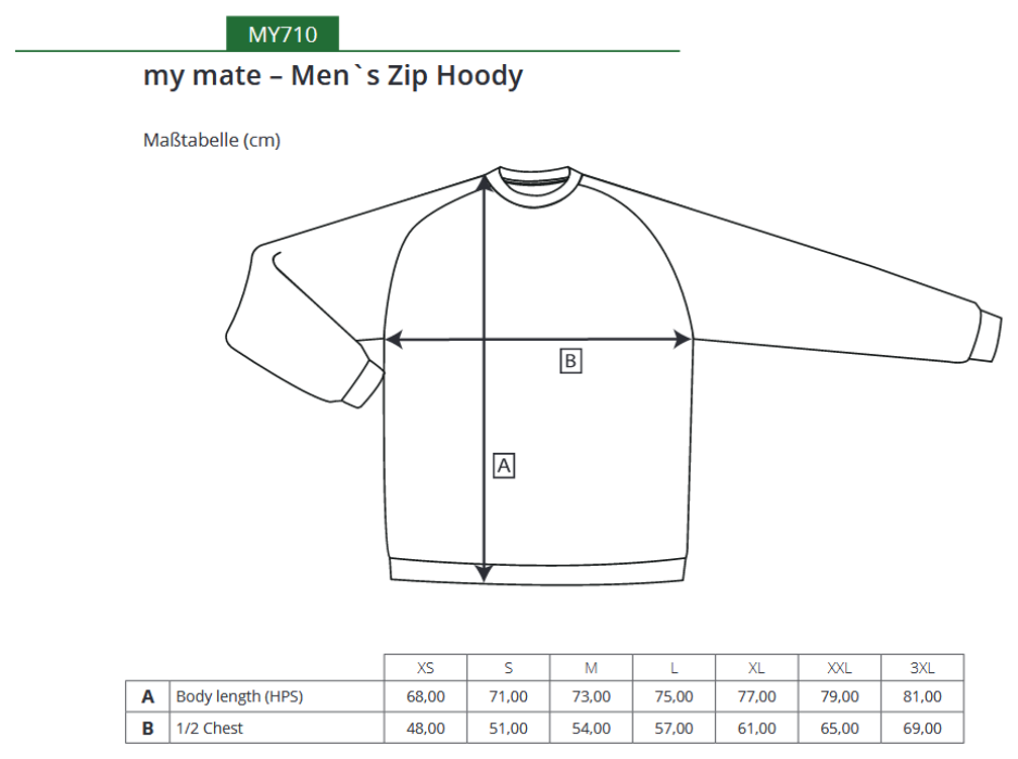 Maßblatt des Herstellers zu my mate - Men´s Zip Hoody mit den Maßen je Größe