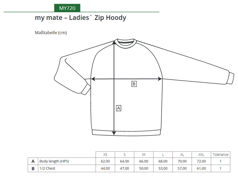 Maßblatt des Herstellers zu my mate - Ladies´ Zip Hoody mit den Maßen je Größe