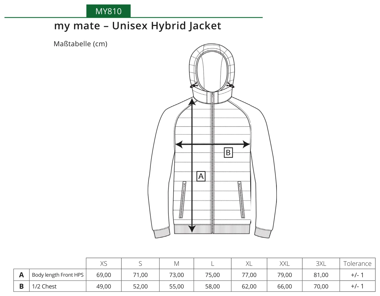 Maßblatt des Herstellers zu my mate - Unisex Hybrid Jacket mit den Maßen je Größe