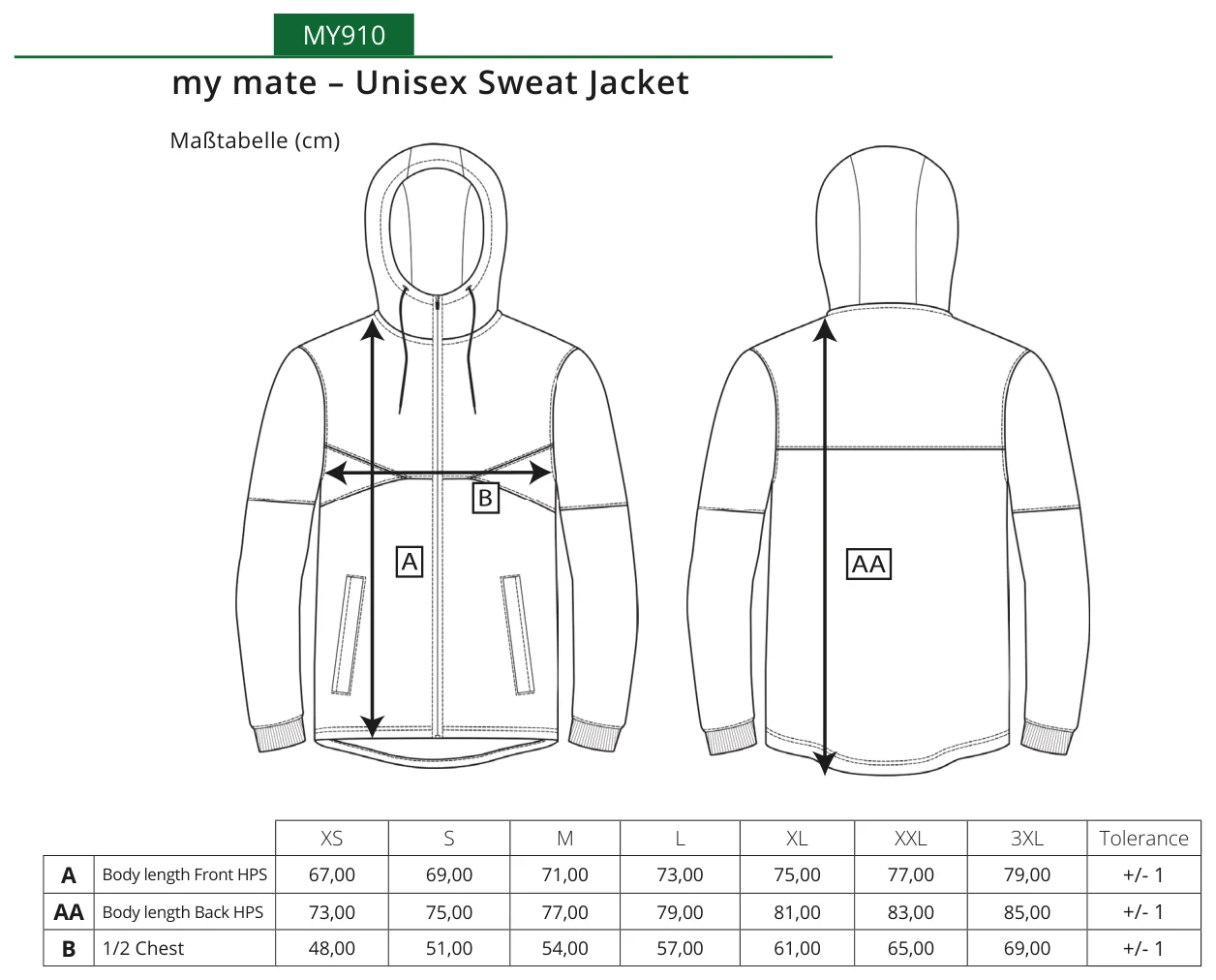 Maßblatt des Herstellers zu my mate - Unisex Sweat Jacket mit den Maßen je Größe