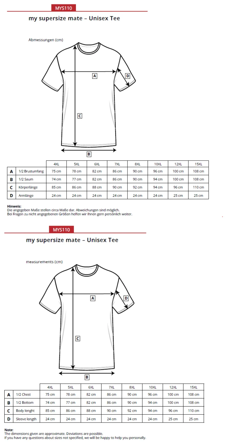Maßblatt des Herstellers zu Unisex Tee mit den Maßen je Größe