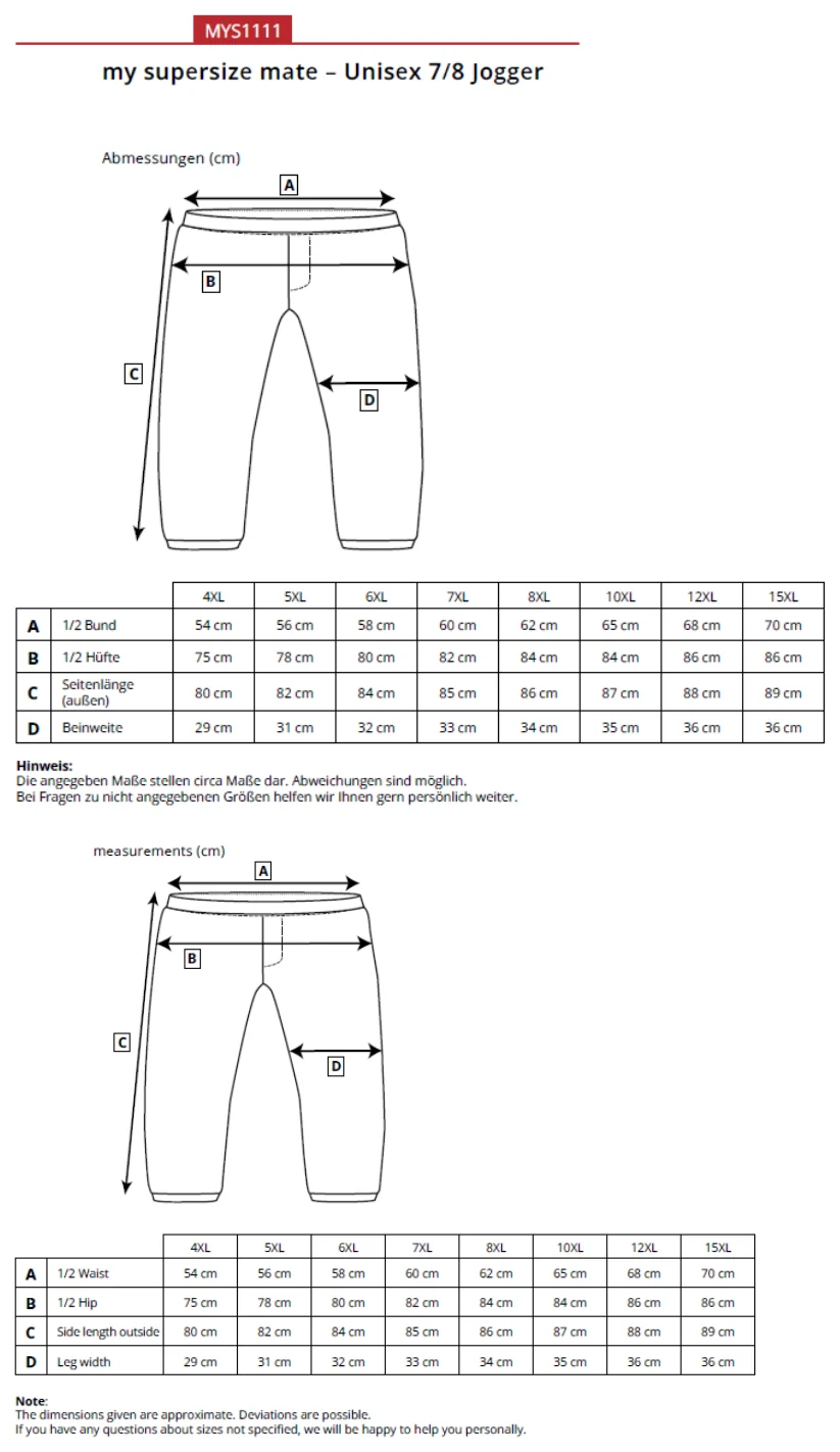 Maßblatt des Herstellers zu Unisex 7/8 Jogger mit den Maßen je Größe