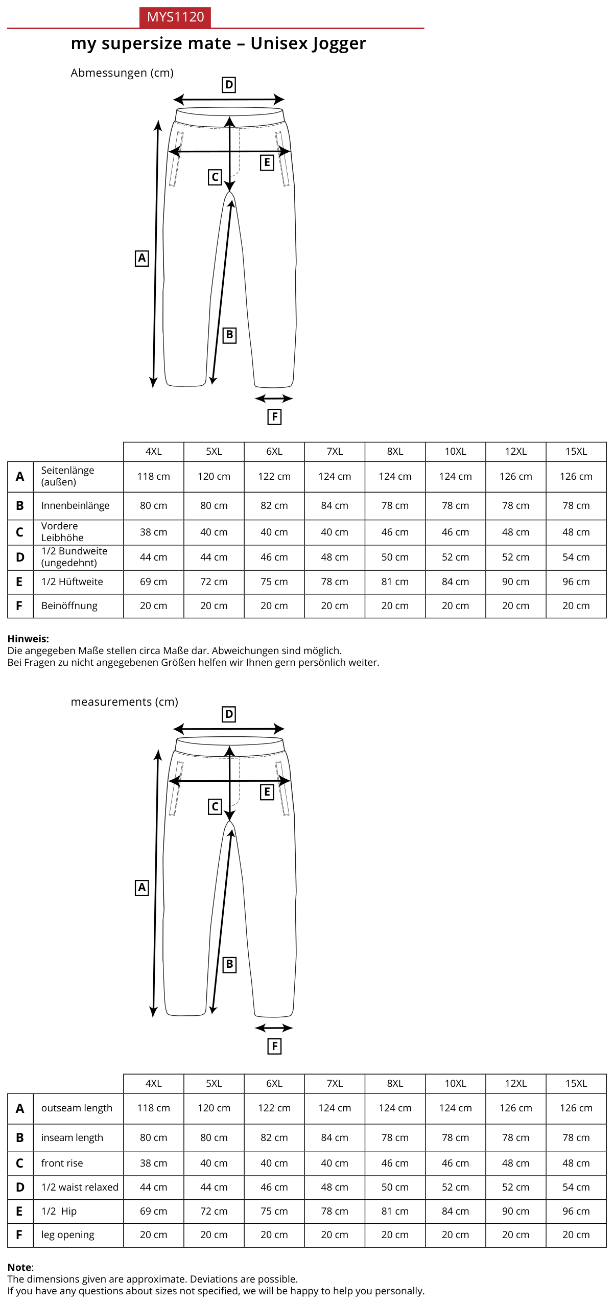 Maßblatt des Herstellers zu Unisex Relaxpants mit den Maßen je Größe