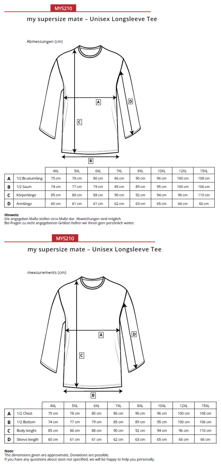 Maßblatt des Herstellers zu Unisex Longsleeve Tee mit den Maßen je Größe