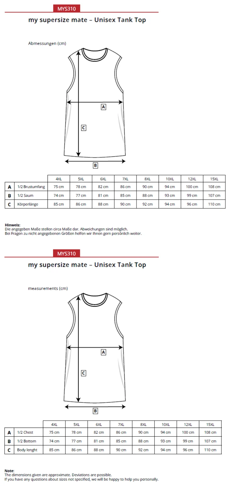 Maßblatt des Herstellers zu Unisex Tank Top mit den Maßen je Größe