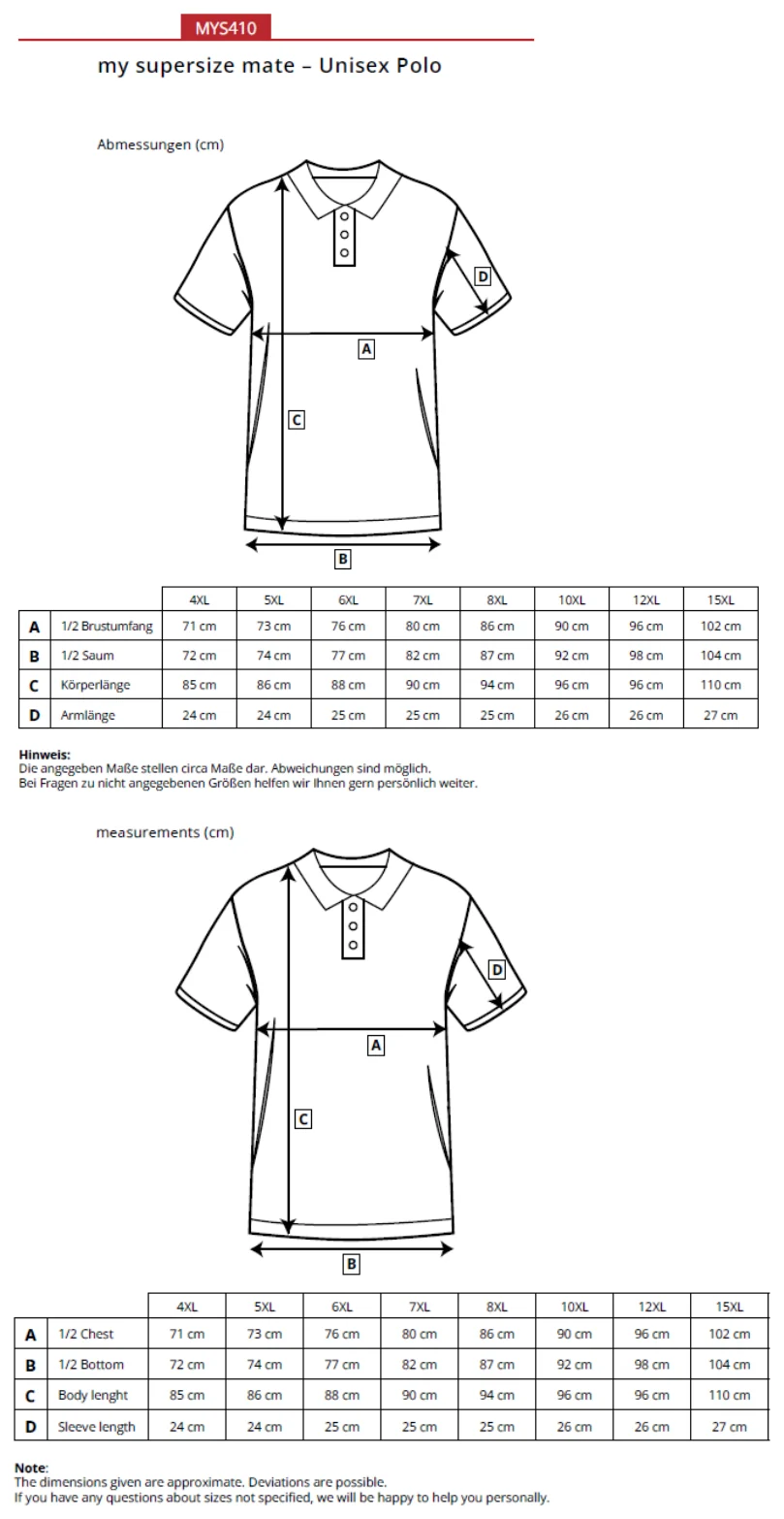 Maßblatt des Herstellers zu Unisex Polo mit den Maßen je Größe