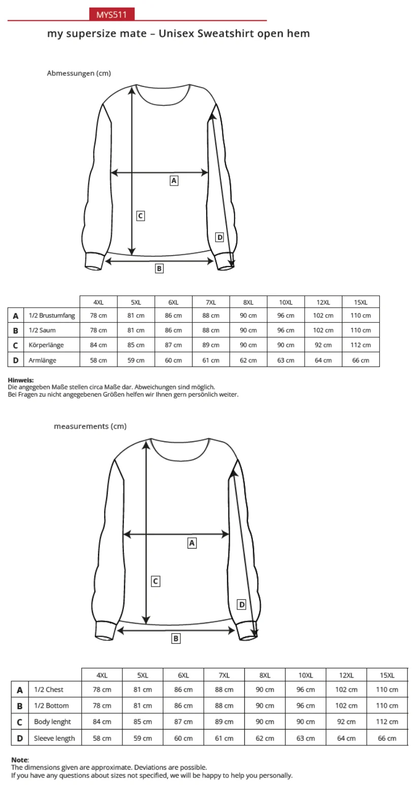 Maßblatt des Herstellers zu Unisex Sweatshirt open Hem mit den Maßen je Größe