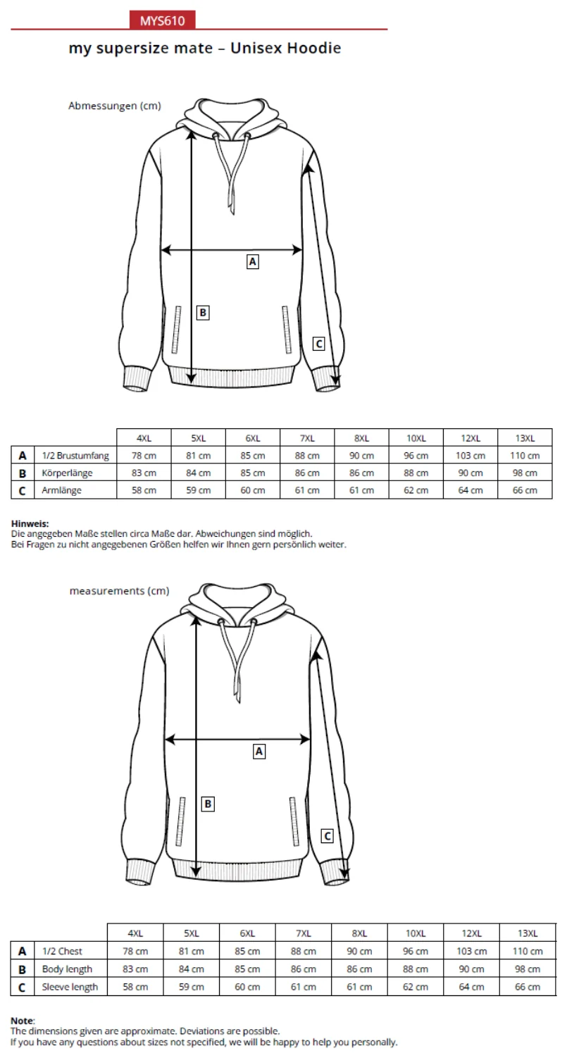 Maßblatt des Herstellers zu Unisex Hoodie mit den Maßen je Größe