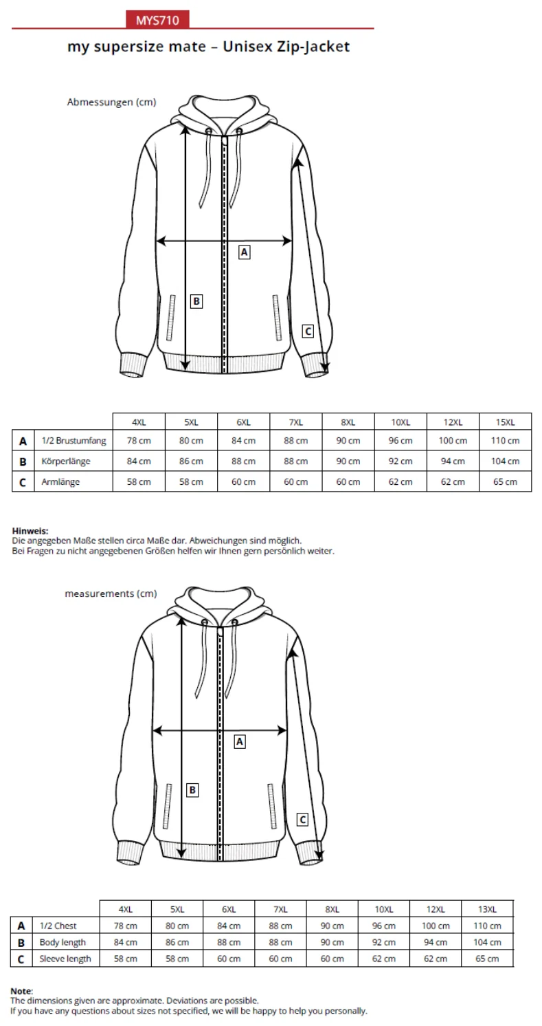 Maßblatt des Herstellers zu Unisex Zip-Jacket mit den Maßen je Größe
