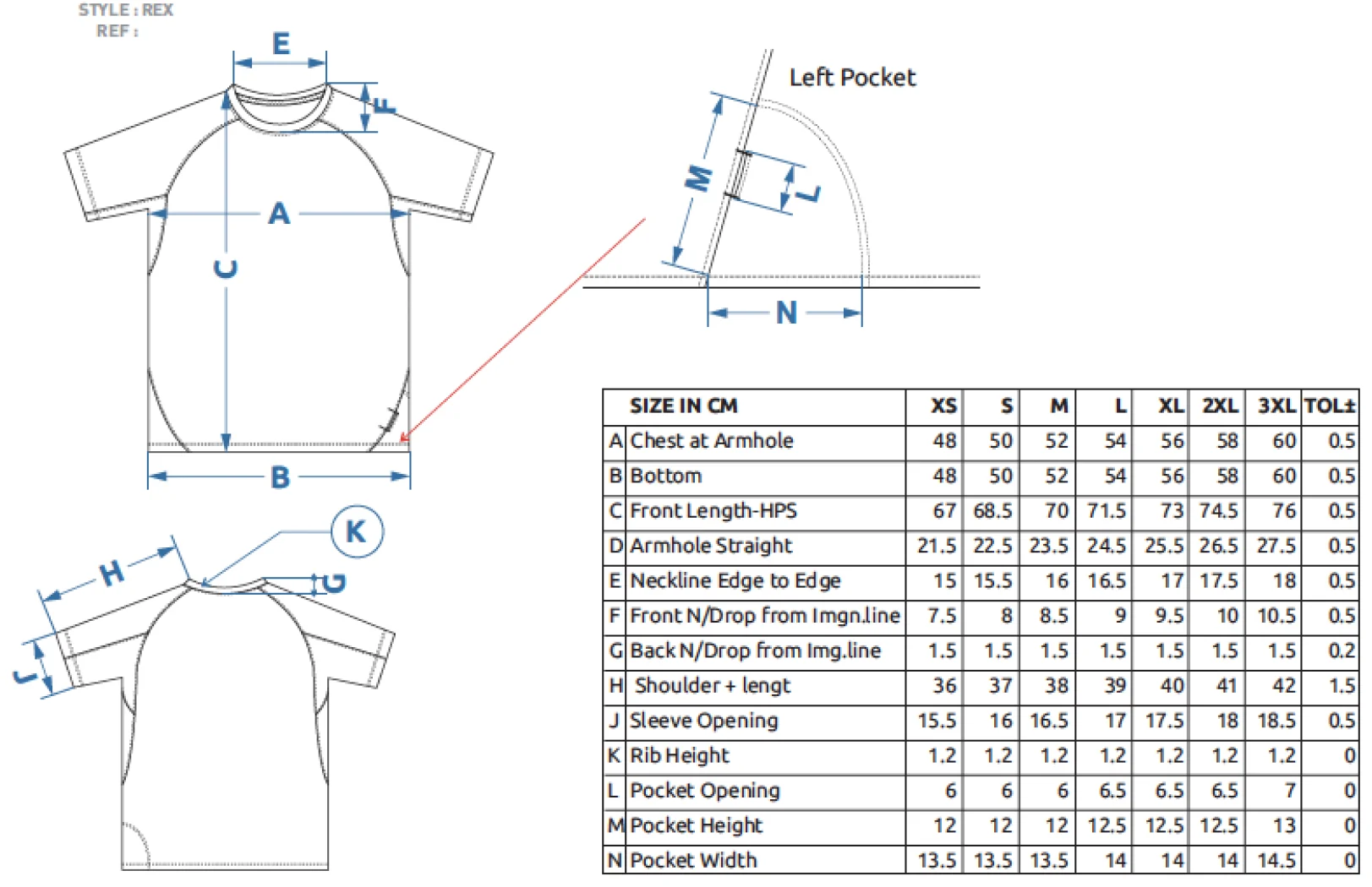 Maßblatt des Herstellers zu Short Sleeve Sport T-Shirt Rex mit den Maßen je Größe