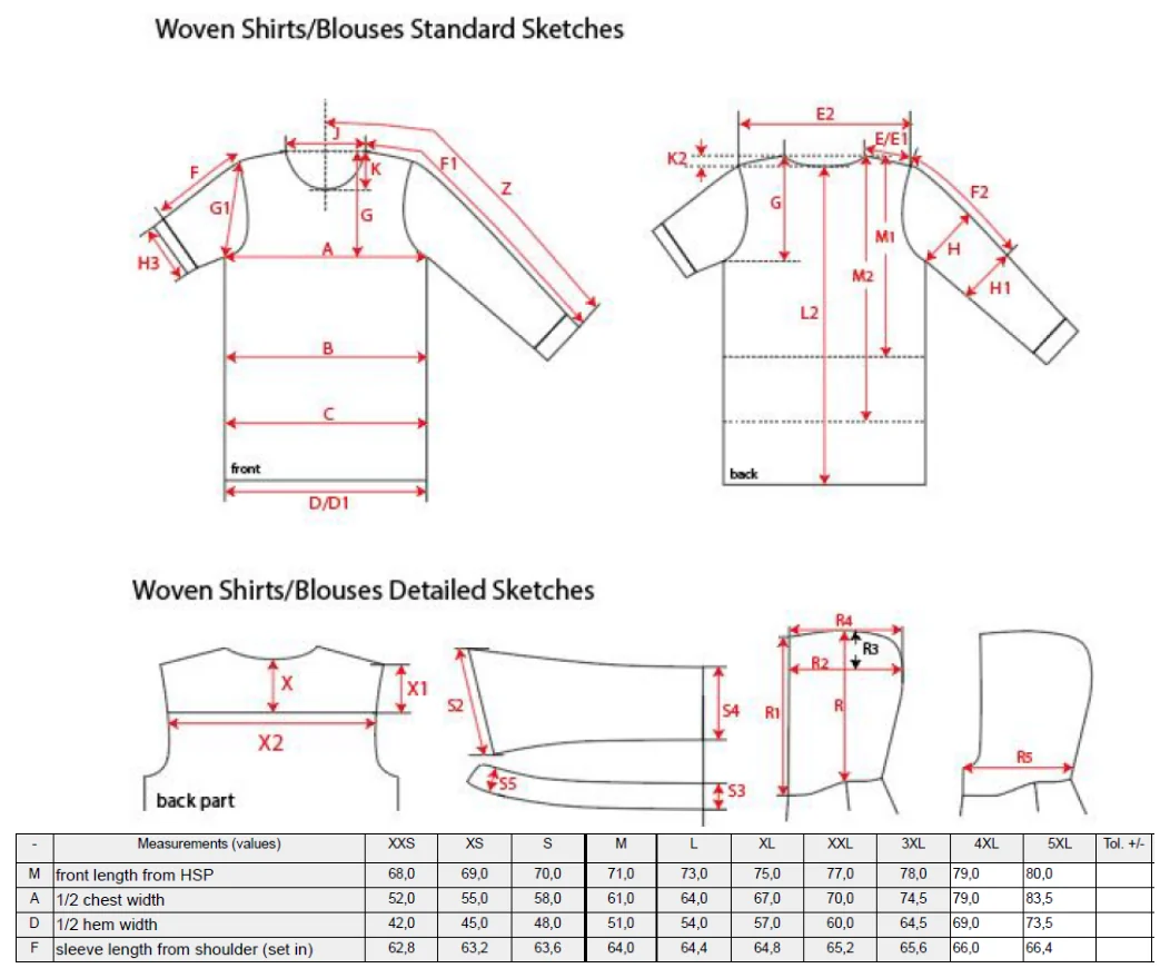 Maßblatt des Herstellers zu Oversized Hoody mit den Maßen je Größe